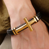 Men's Braided Leather Wrap Bracelet Cross Stainless Steel Religious Jewelry