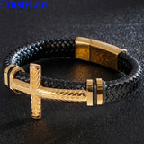 Men's Braided Leather Wrap Bracelet Cross Stainless Steel Religious Jewelry