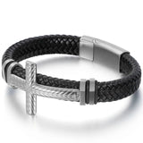Men's Braided Leather Wrap Bracelet Cross Stainless Steel Religious Jewelry