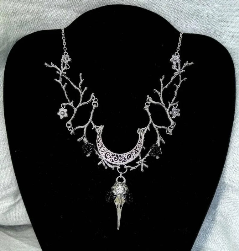 Branch Twig Necklace Halloween Crow Skull and Flowers Lace Moon Pendant