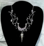 Branch Twig Necklace Halloween Crow Skull and Flowers Lace Moon Pendant