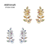 Branch Earrings Silver Leaves Crystals Women Novelty
