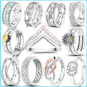 925 Silver Sun Moon Stars Pink Heart Crown Rings Women Anniversary Gift