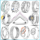 925 Silver Sun Moon Stars Pink Heart Crown Rings Women Anniversary Gift