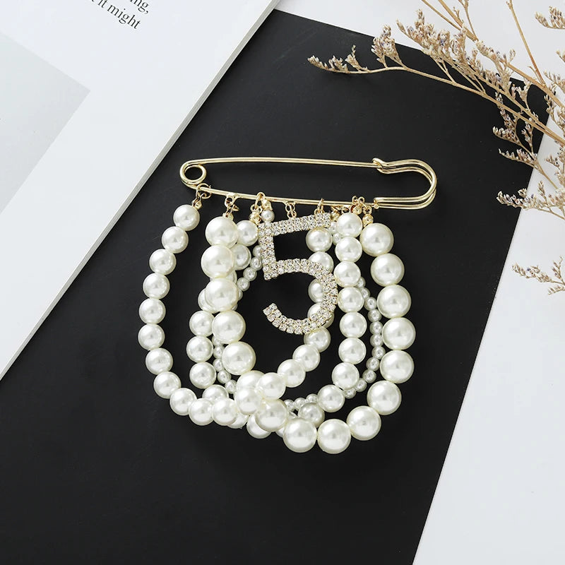 Crystal Rhinestones Pearls Safety Pin Brooch
