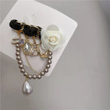 Vintage Camellia Pearl Flower Brooch Chain Pins Crystal Jewelry