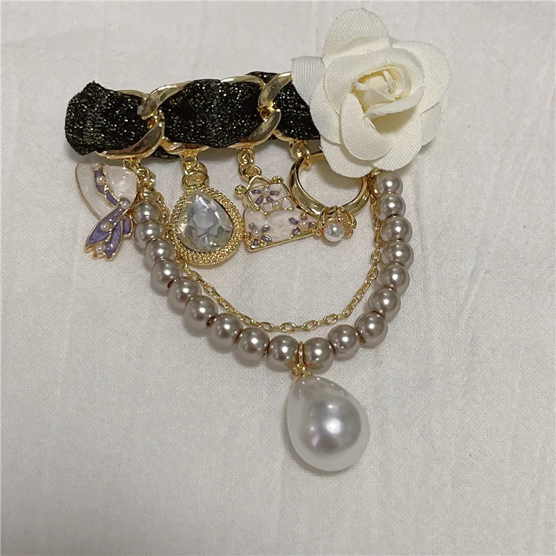 Vintage Camellia Pearl Flower Brooch Chain Pins Crystal Jewelry