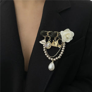 Vintage Camellia Pearl Flower Brooch Chain Pins Crystal Jewelry