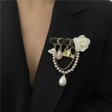 Vintage Camellia Pearl Flower Brooch Chain Pins Crystal Jewelry