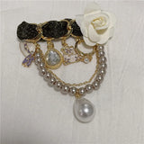 Vintage Camellia Pearl Flower Brooch Chain Pins Crystal Jewelry