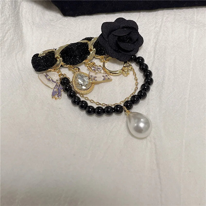 Vintage Camellia Pearl Flower Brooch Chain Pins Crystal Jewelry