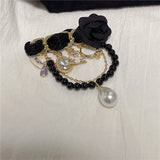 Vintage Camellia Pearl Flower Brooch Chain Pins Crystal Jewelry