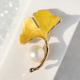 Gingko Leaf Pearl Brooch Pin for Women