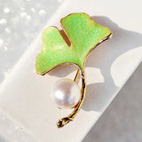 Gingko Leaf Pearl Brooch Pin for Women