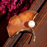 Gingko Leaf Pearl Brooch Pin for Women