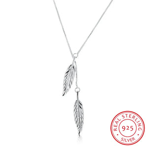 Vintage Double Leaves Pendant Necklaces 925 Sterling Silver Chain Women Necklace