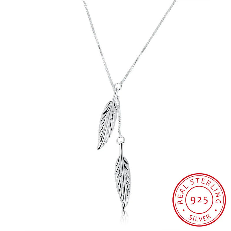 Vintage Double Leaves Pendant Necklaces 925 Sterling Silver Chain Women Necklace