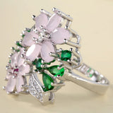 Pink Flower Ring Vintage Wedding Engagement Rings Silver Filled Jewelry