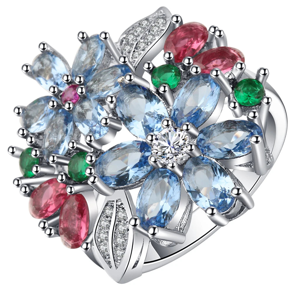 Pink Flower Ring Vintage Wedding Engagement Rings Silver Filled Jewelry