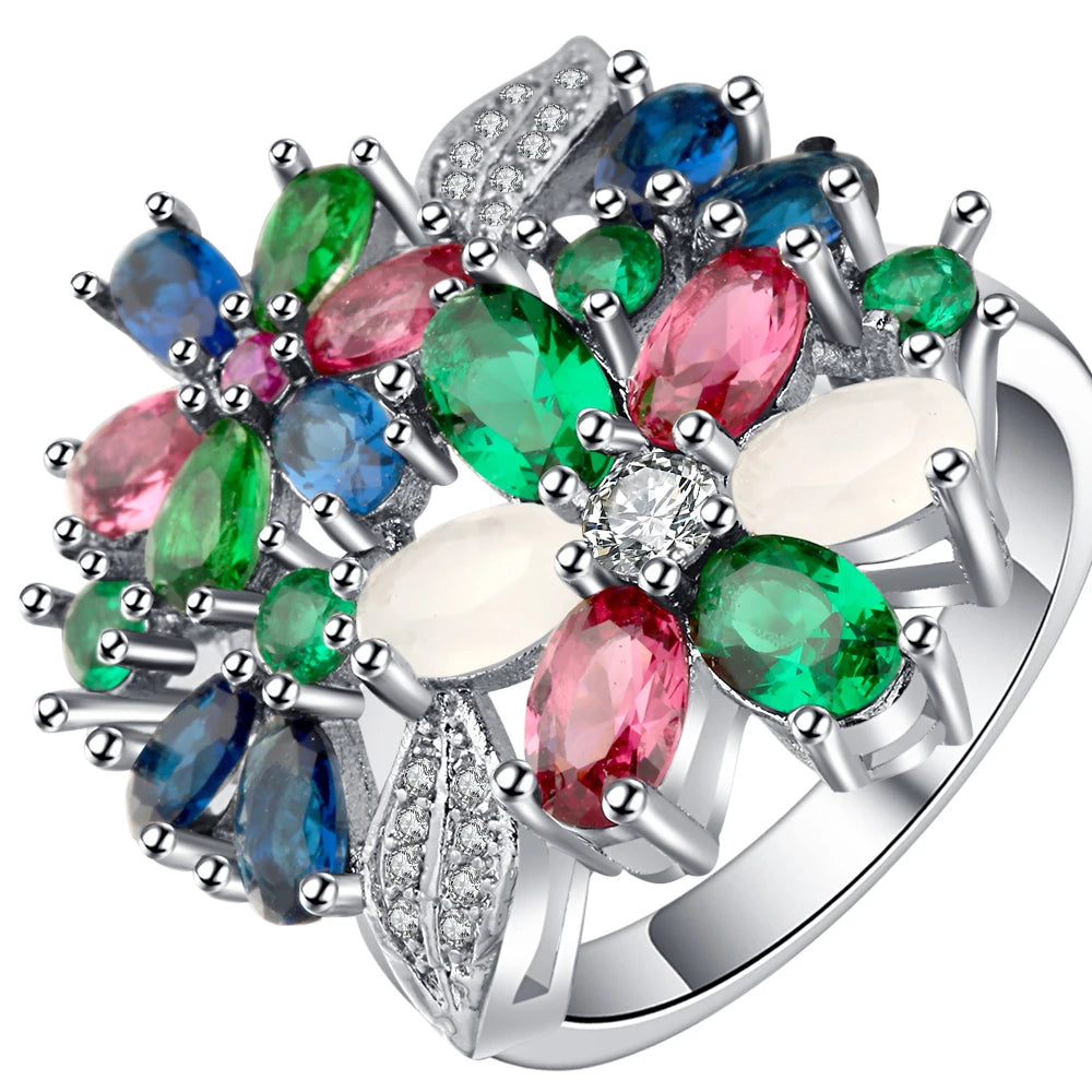 Pink Flower Ring Vintage Wedding Engagement Rings Silver Filled Jewelry