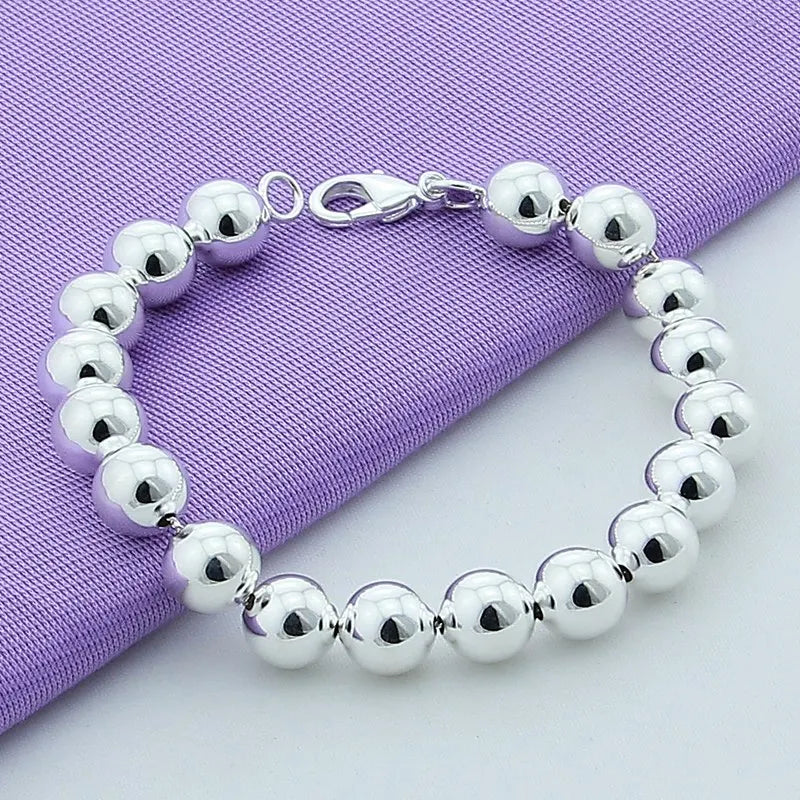 925 Silver 10mm Beaded Bracelet Bangles for Women Men