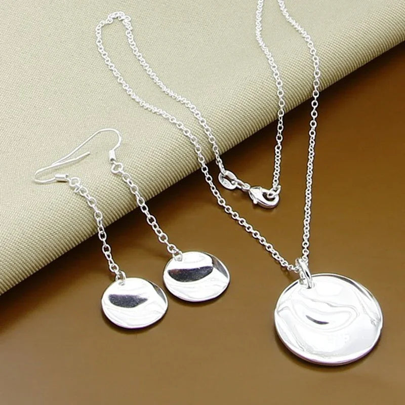925 Silver High Jewelry Set Round Pendant Necklace Earrings