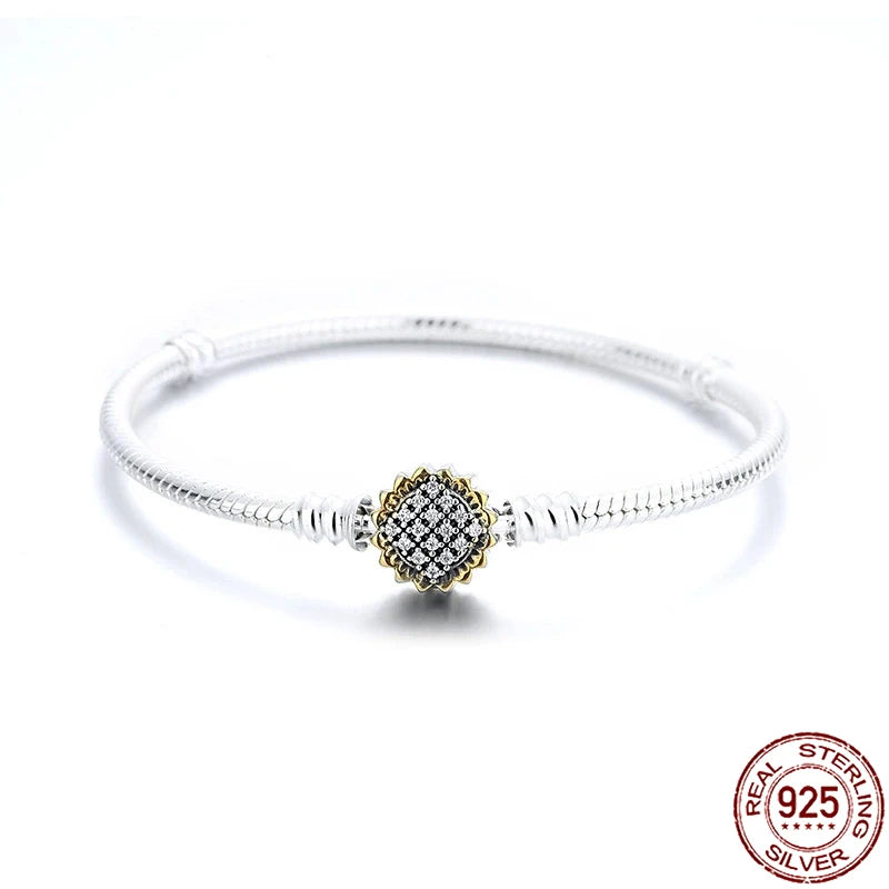 925 Silver Sunflower Diamond Snake Bone Chain Bracelet