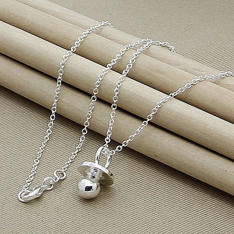 925 Sterling Silver Baby Pacifier Round Pendant Necklace
