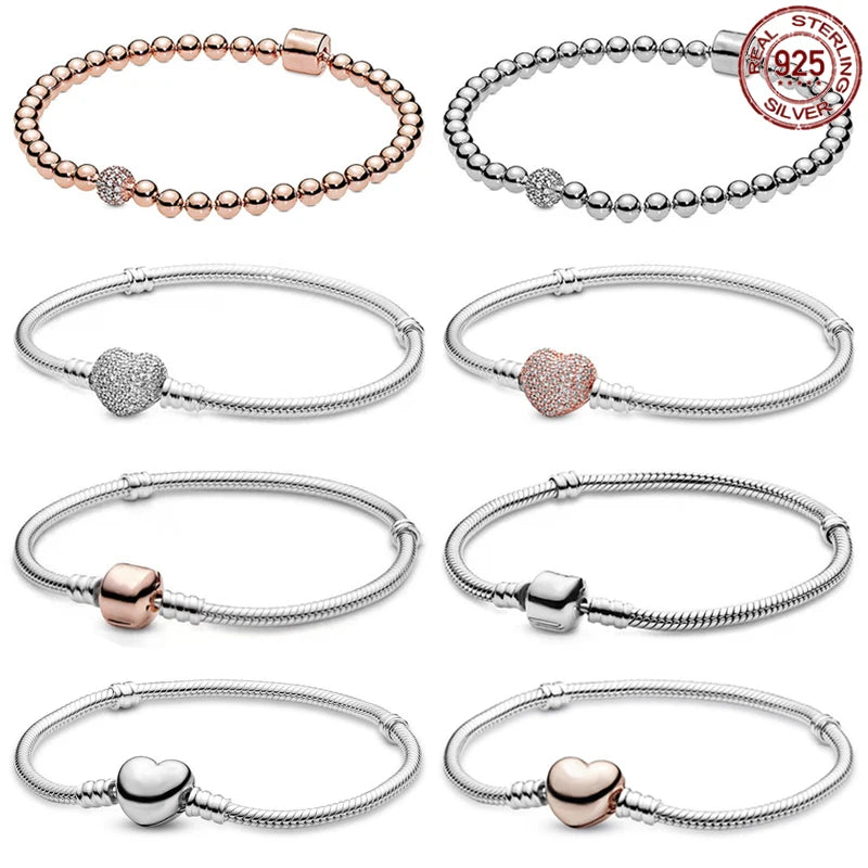 925 Silver Pentagram Heart Snake Chain Bracelet for Women DIY Jewelry Gift