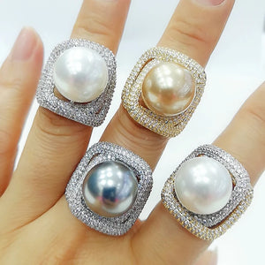 Square Cross Pearl Statement Rings for Women