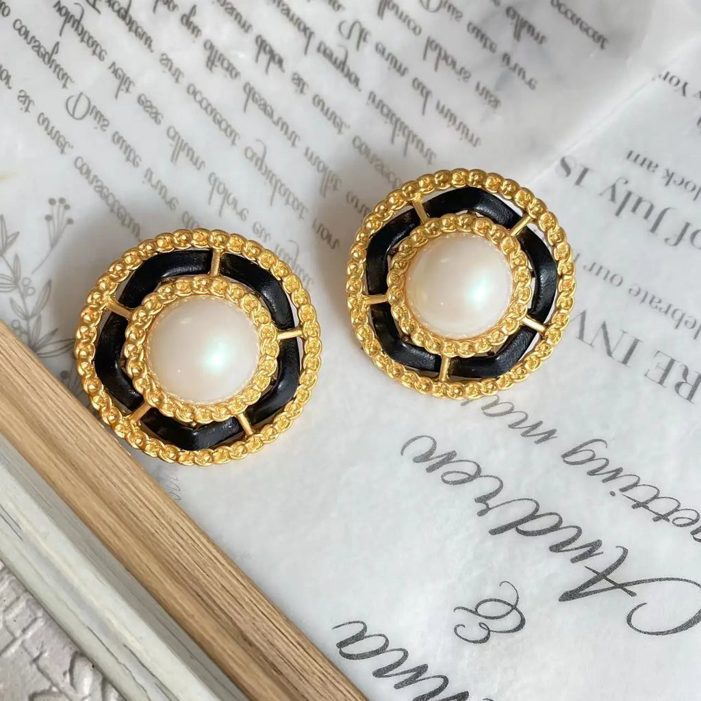 Vintage French Leather Rope Pearl Stud Ear Clip Jewelry