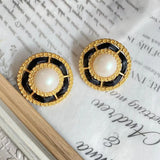 Vintage French Leather Rope Pearl Stud Ear Clip Jewelry