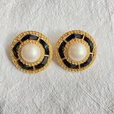 Vintage French Leather Rope Pearl Stud Ear Clip Jewelry