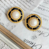 Vintage French Leather Rope Pearl Stud Ear Clip Jewelry