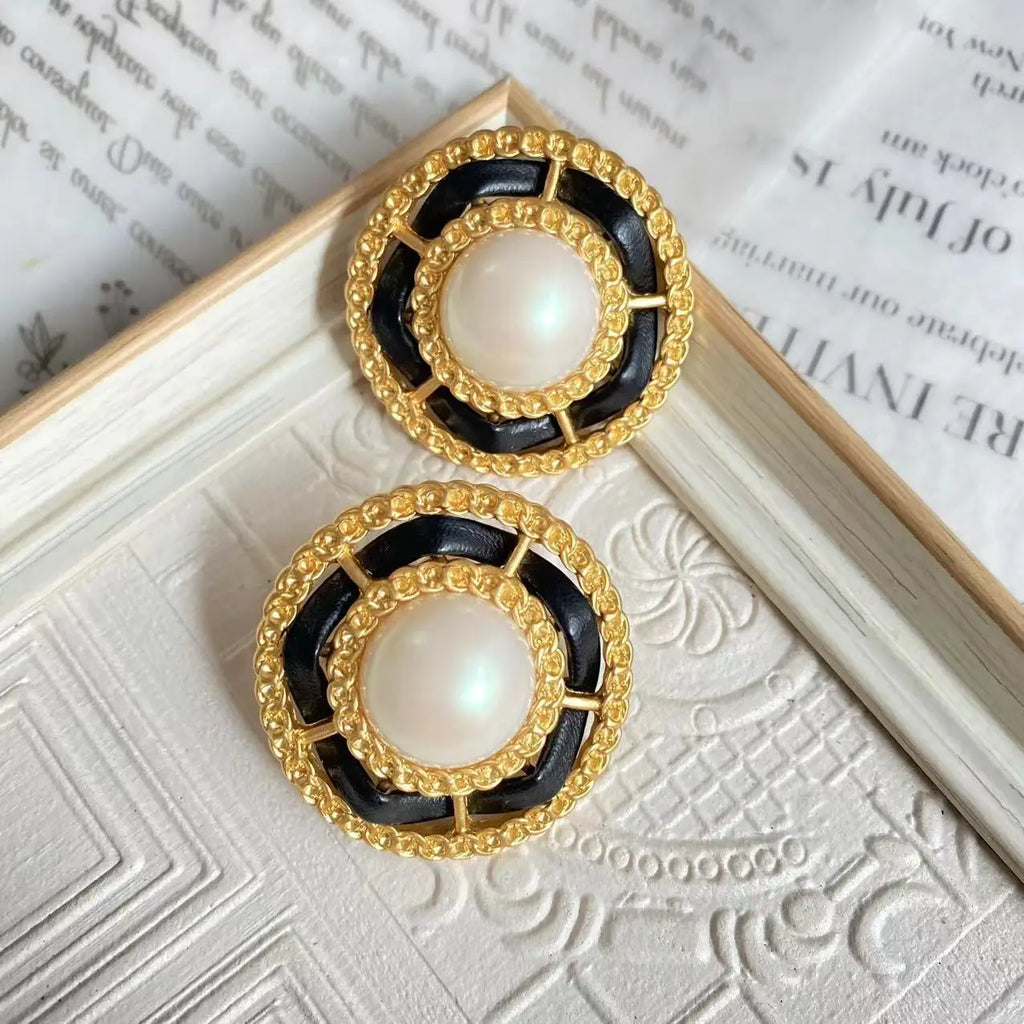 Vintage French Leather Rope Pearl Stud Ear Clip Jewelry