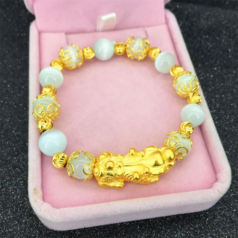24k Gold-Plated Brass Bracelet Sand Mythical Animal Red Agate Green Chalcedony