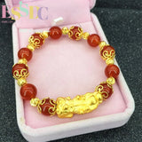 24k Gold-Plated Brass Bracelet Sand Mythical Animal Red Agate Green Chalcedony