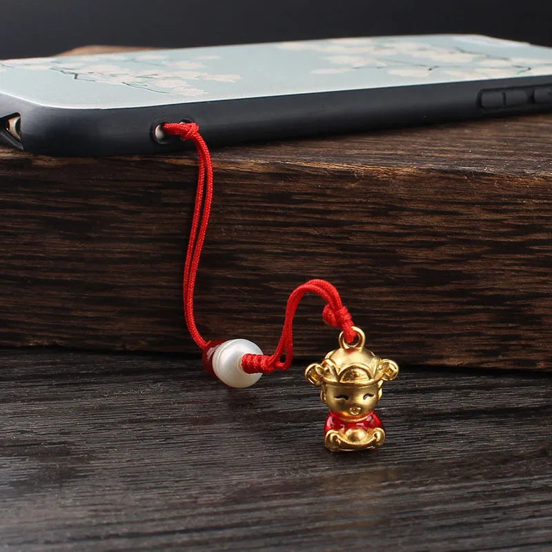 Brass God of Fortune Keychain Gold-Plated Retro Pearl Mobile Phone Pendant