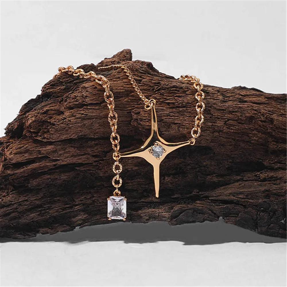 Vintage Brass Plated Star Zircon Pendant Necklace