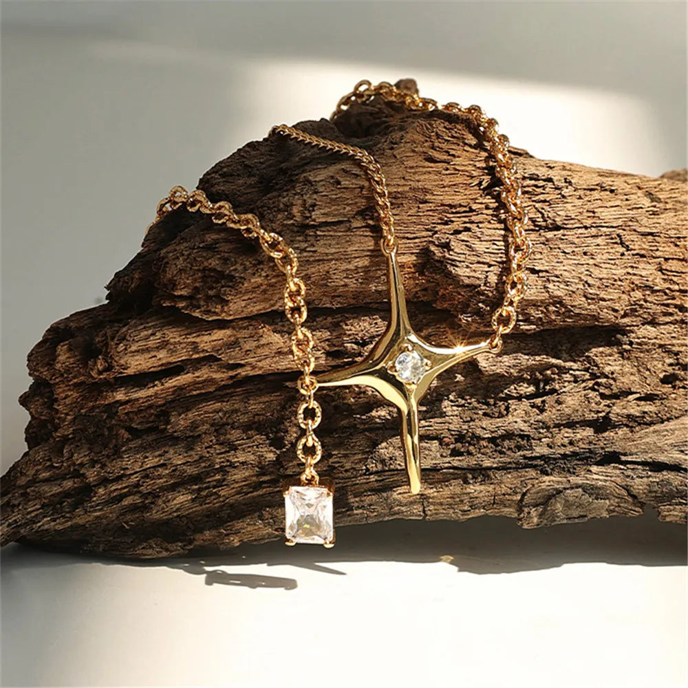 Vintage Brass Plated Star Zircon Pendant Necklace