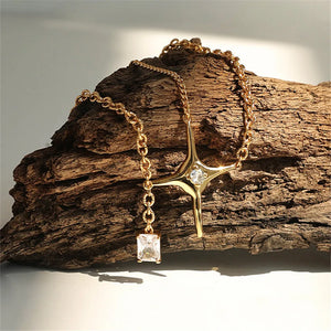 Vintage Brass Plated Star Zircon Pendant Necklace