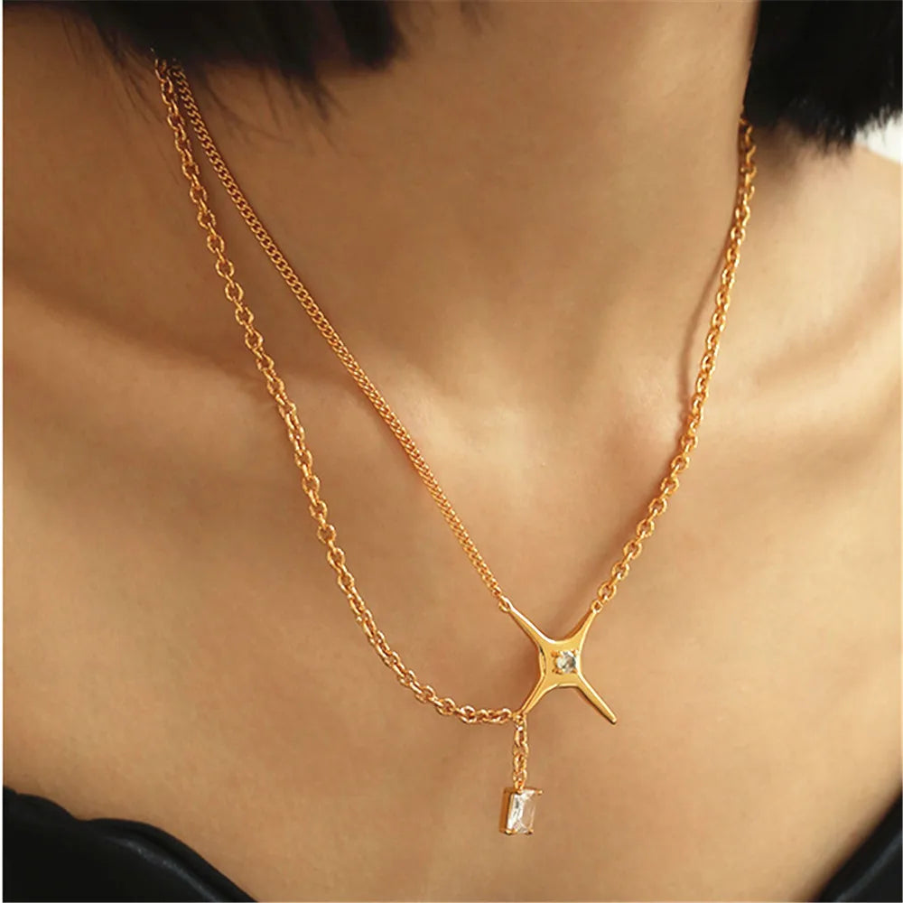 Vintage Brass Plated Star Zircon Pendant Necklace