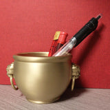 Brass Lion Head Cylinder Tank Luy Treasure Bowl Feng Shui Palace Jar Figurines
