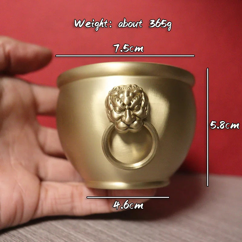 Brass Lion Head Cylinder Tank Luy Treasure Bowl Feng Shui Palace Jar Figurines