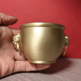 Brass Lion Head Cylinder Tank Luy Treasure Bowl Feng Shui Palace Jar Figurines