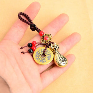Brass Money Bag Keychain Pendant Rope Good Luck Feng Shui Hanging Jewelry