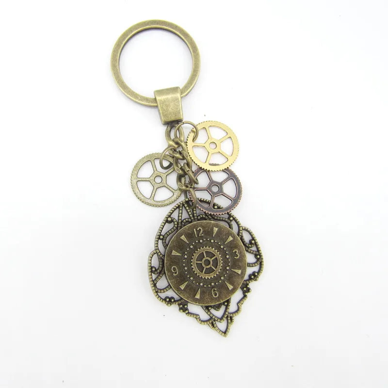 Vintage Steampunk Keychain Brass Ox Gears Clock Metal Charm