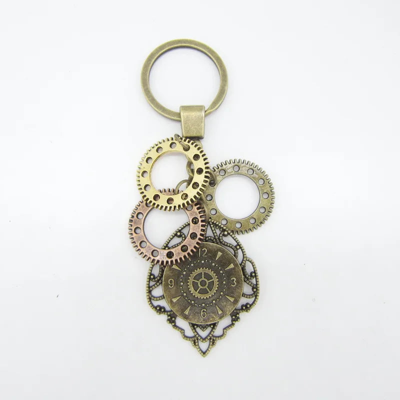 Vintage Steampunk Keychain Brass Ox Gears Clock Metal Charm