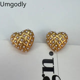 18k Brass Heart Stud Earrings with Pearls - Retro Style Jewelry