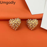 18k Brass Heart Stud Earrings with Pearls - Retro Style Jewelry